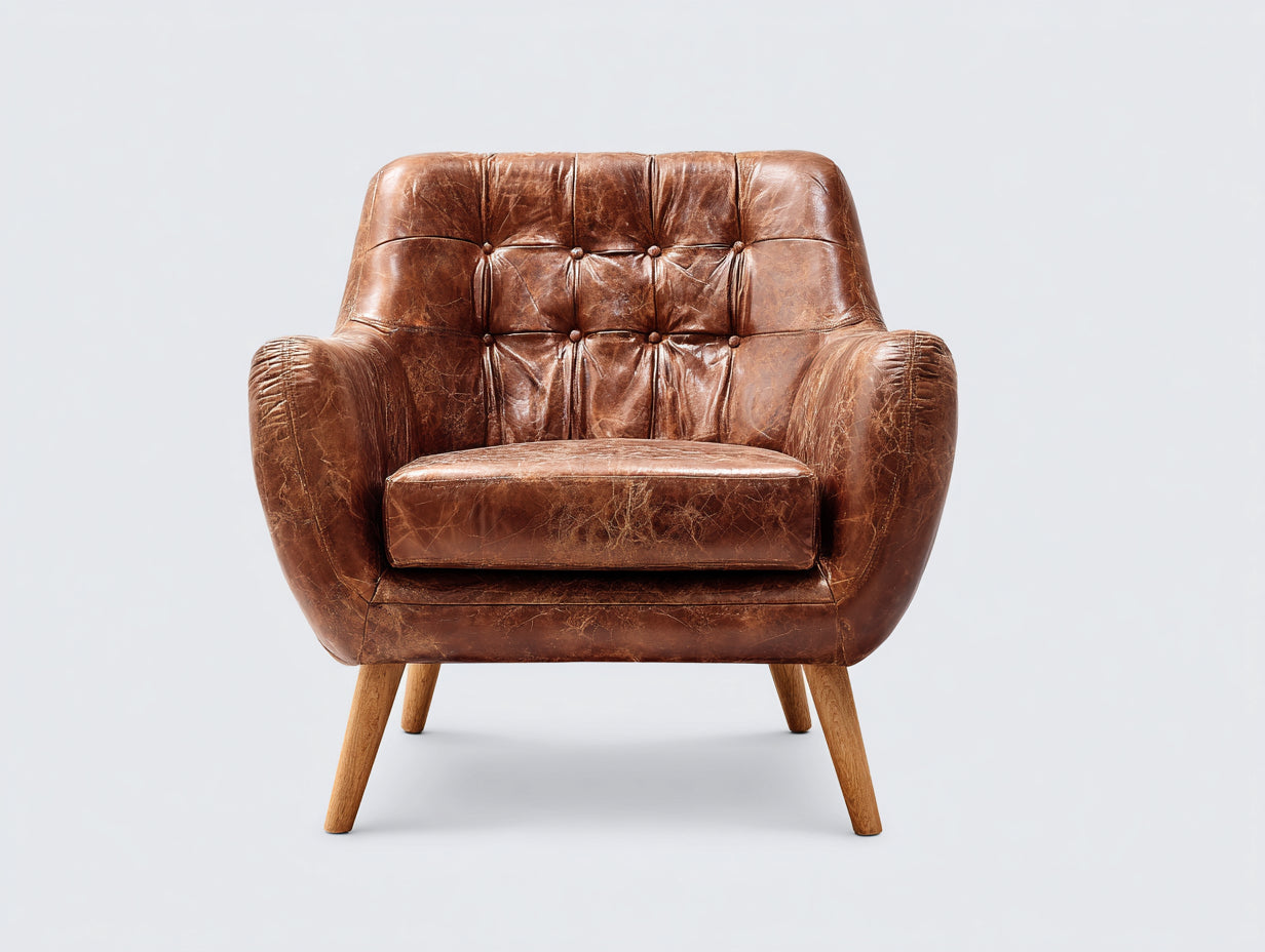 Poltrona - Similpelle-legno - 88 x 86 x 89 cm - Marrone cognac - Stile vintage capitonné