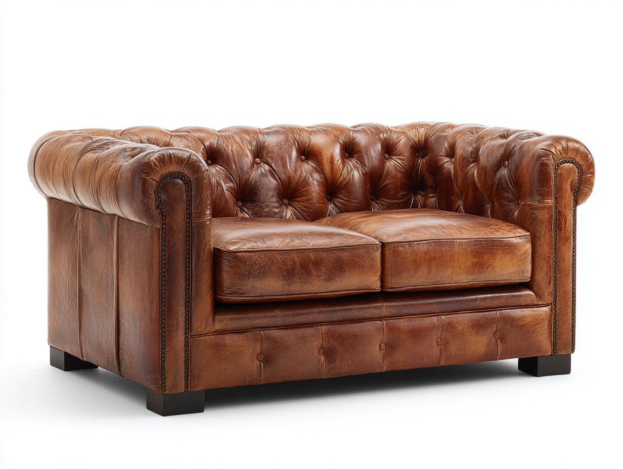 Divano lineare - Similpelle-legno - 188 x 92 x 78 cm - Marrone cognac - Stile classico capitonné