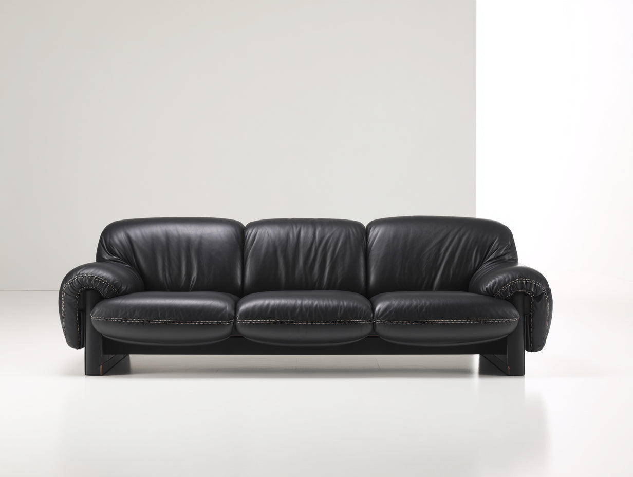 Divano lineare - Similpelle-legno - 221 x 93 x 85 cm - Nero - Stile moderno rétro