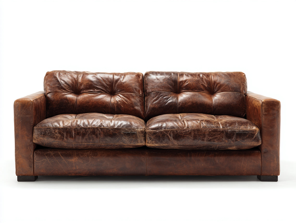 Divano lineare - Similpelle-legno - 193 x 94 x 86 cm - Marrone scuro - Stile vintage imbottito