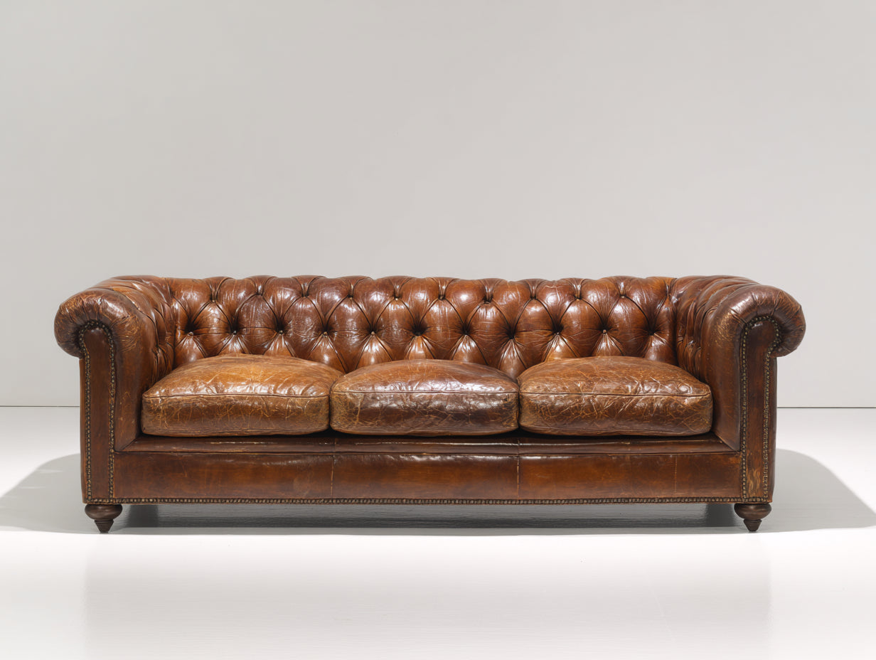 Divano lineare - Similpelle-legno - 226 x 96 x 78 cm - Marrone cognac - Stile Chesterfield classico