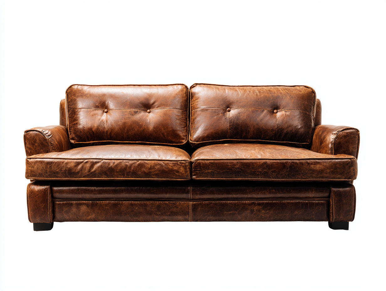Divano lineare - Similpelle-legno - 198 x 96 x 88 cm - Marrone tabacco - Stile vintage vissuto