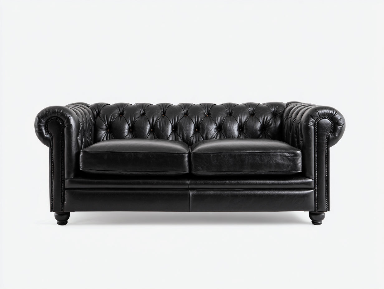 Divano lineare - Similpelle-legno - 195 x 91 x 78 cm - Nero - Stile Chesterfield capitonné