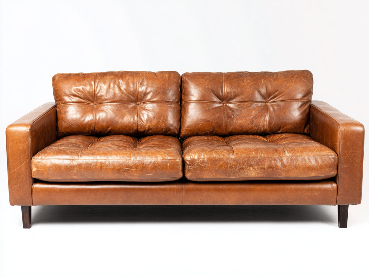 Divano lineare - Similpelle-legno - 218 x 94 x 86 cm - Marrone ambrato - Stile moderno rétro