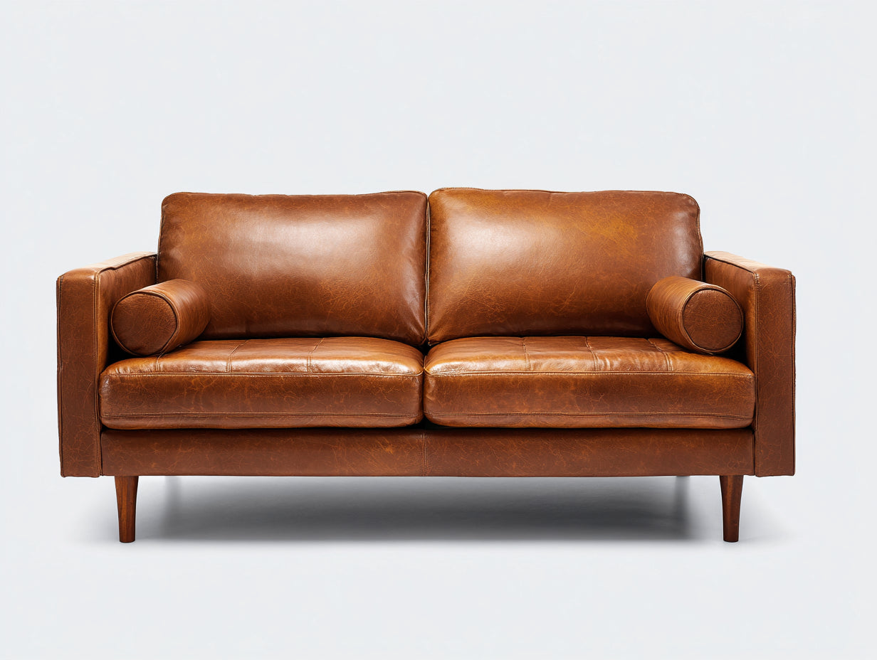 Divano lineare - Similpelle-legno - 187 x 89 x 86 cm - Marrone cognac - Stile rétro contemporaneo