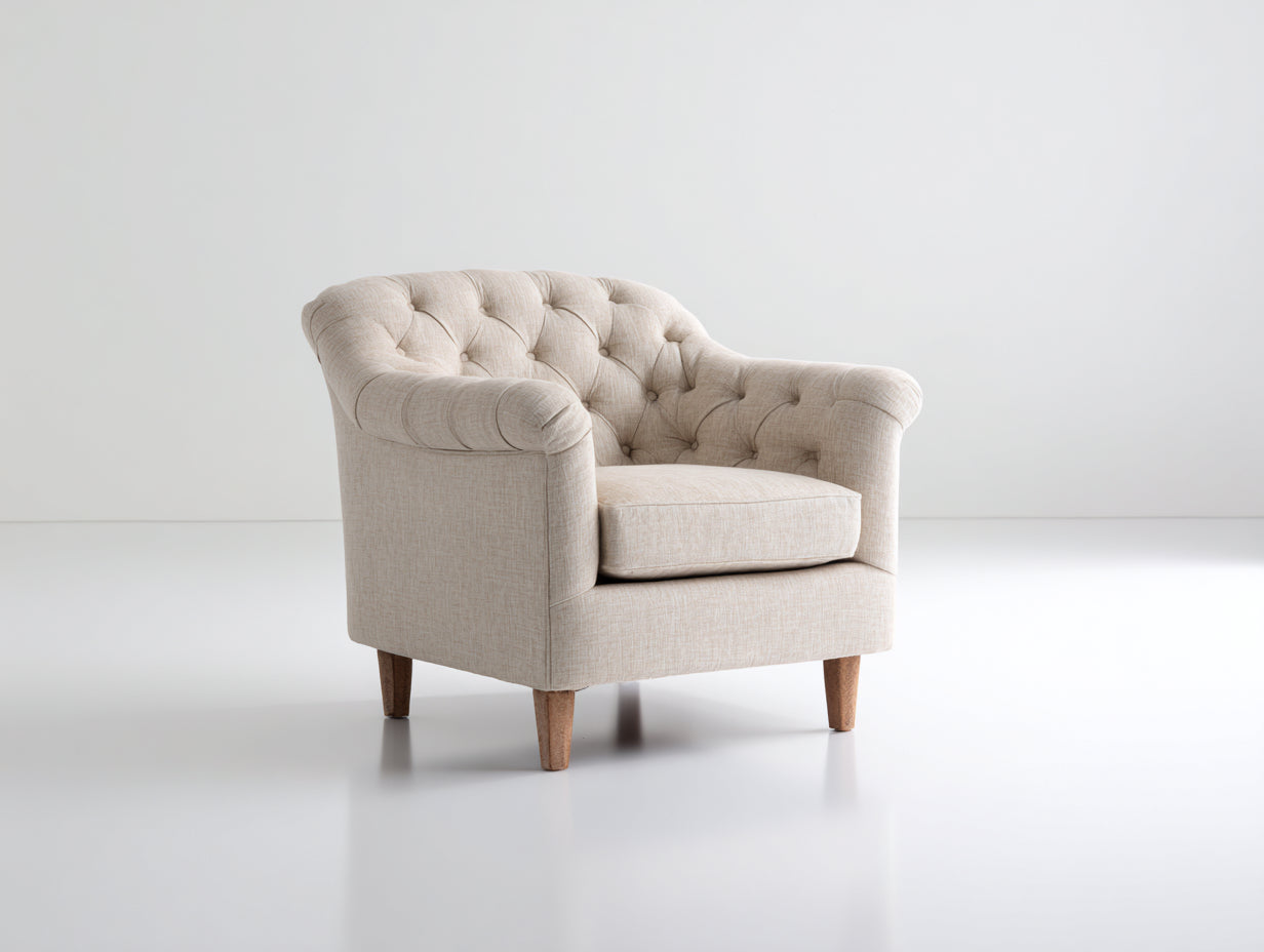 Poltrona - Tessuto-legno - 88 x 85 x 84 cm - Beige crema - Stile classico capitonné