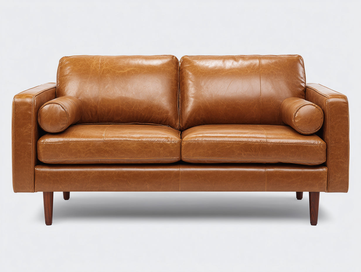 Divano lineare - Similpelle-legno - 188 x 86 x 83 cm - Marrone cognac - Stile moderno