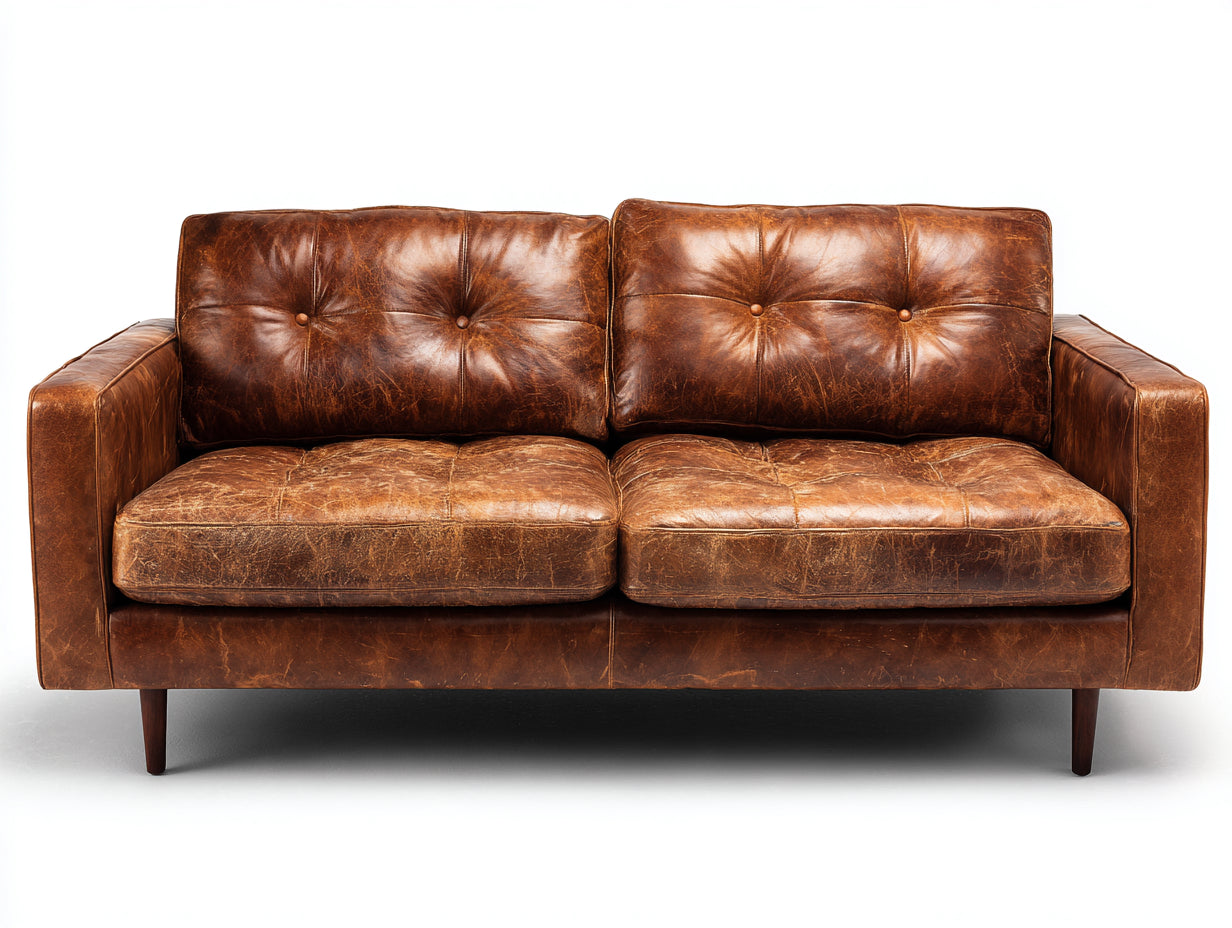 Divano lineare - Similpelle-legno - 188 x 91 x 87 cm - Marrone tabacco - Stile vintage compatto
